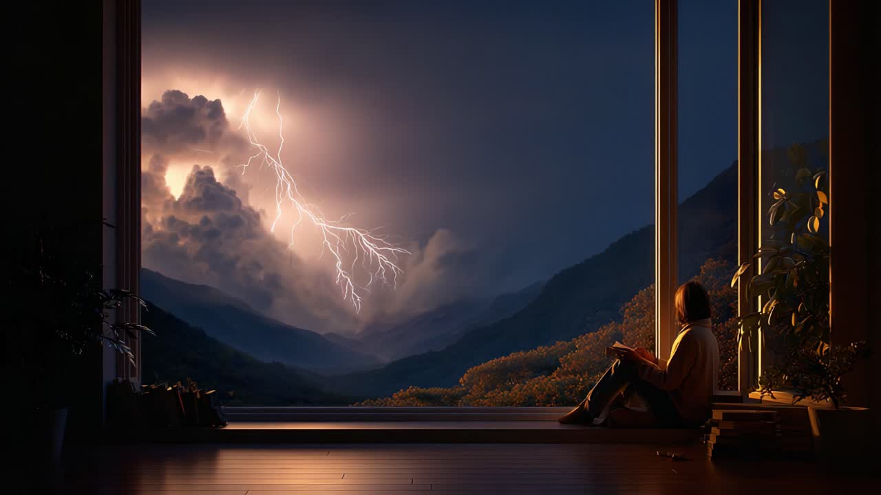 A serene moment captured from a cozy room as a person observes a spectacular lightning storm illuminating the mountains, blending nature's power with tranquil introspection