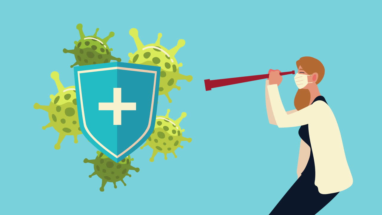 망원경과 방패를 가진 의료 마스크를 착용한 사업가