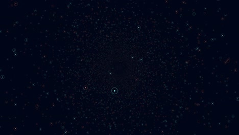 volando pequeños anillos de neón azul y rojo en la galaxia oscura