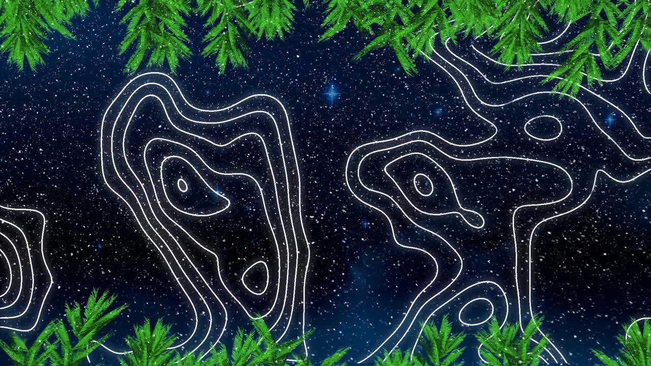 animación de luces de hadas, decoración de abeto, nieve cayendo sobre el cielo