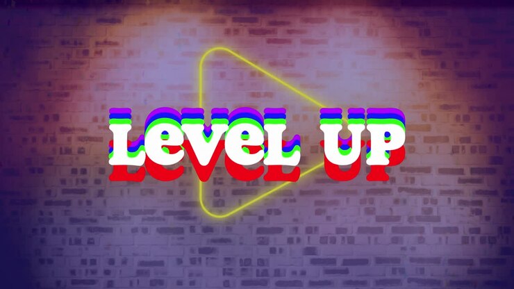 Animation of vhs effect over level up text banner over neon play icon against brick wall background