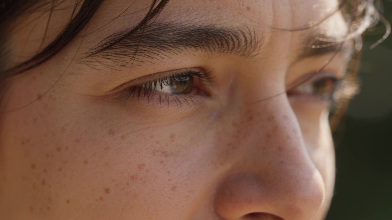 Adolescente mirando, desviando la mirada a la derecha, entrecerrando los ojos por el sol entre el follaje verde, con pecas y mechones de pelo.