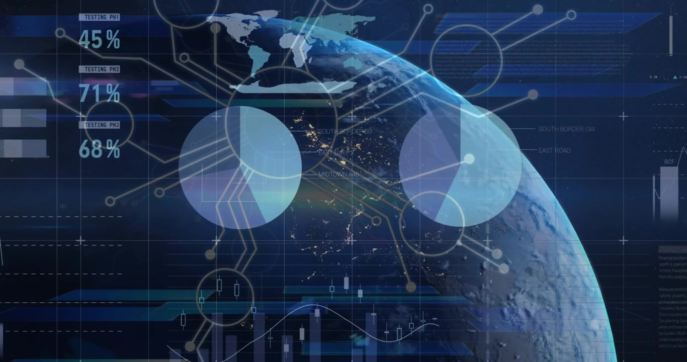 Animation of financial data processing and network of connections over globe