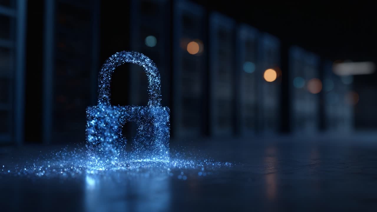 A Digital Lock Icon Emerging from a Sparkling Blue Environment, Symbolizing Cybersecurity and Data Protection in a Modern Server Room Setting