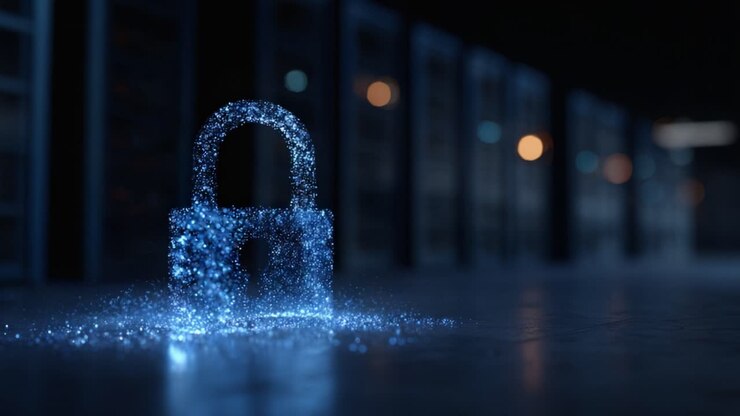 A Digital Lock Icon Emerging from a Sparkling Blue Environment, Symbolizing Cybersecurity and Data Protection in a Modern Server Room Setting