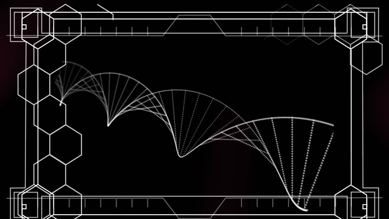 보라색 배경에서 회전하는 dna 구조에 대항하여 형성되는 육각형 모양의 디지털 애니메이션