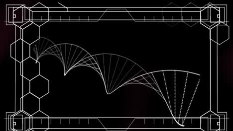 보라색 배경에서 회전하는 dna 구조에 대항하여 형성되는 육각형 모양의 디지털 애니메이션