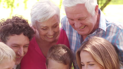 familia feliz viendo teléfono inteligente en el parque