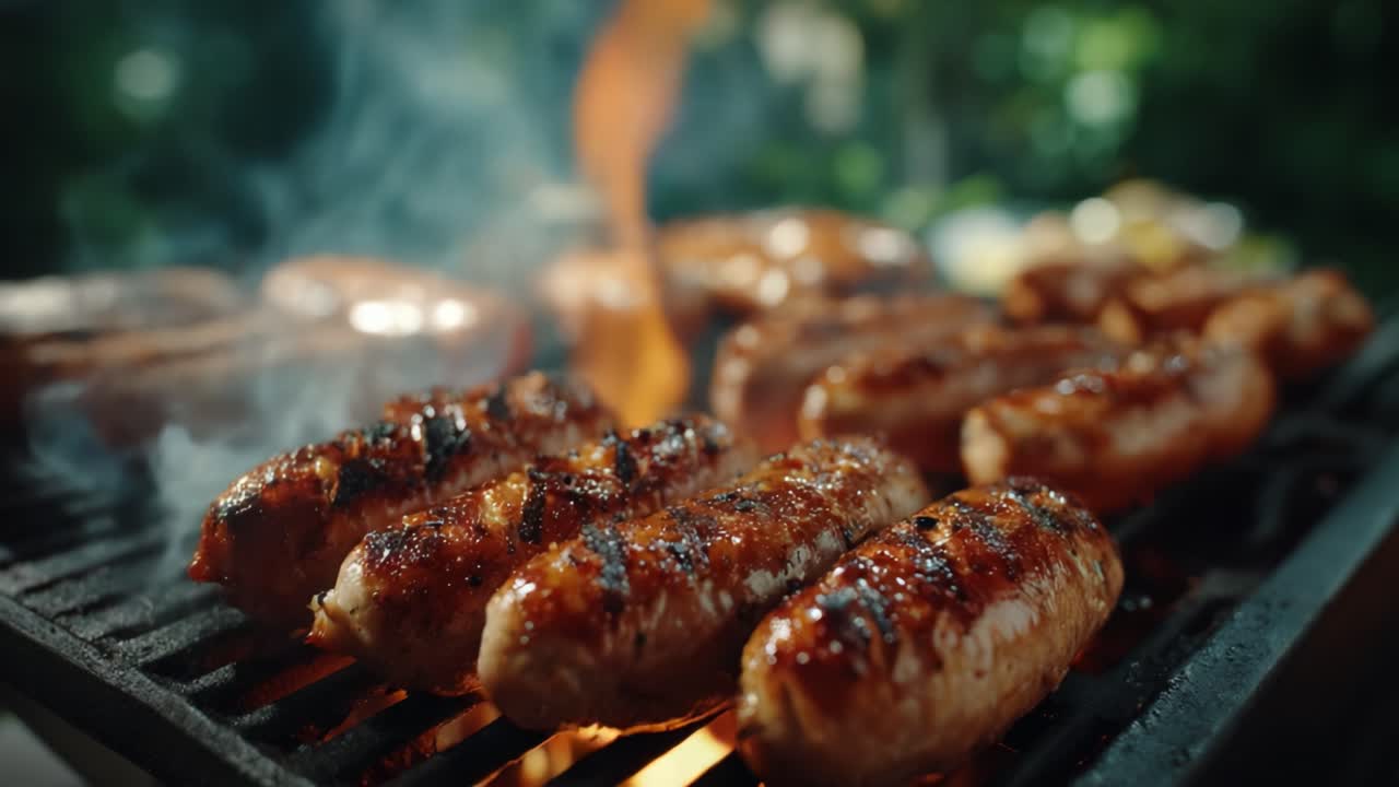 Salsicce alla griglia succulente e saporite: una vista ravvicinata di carni succose che cuociono sulle fiamme, creando un aroma irresistibile e una consistenza perfetta per ogni appassionato di barbecue.