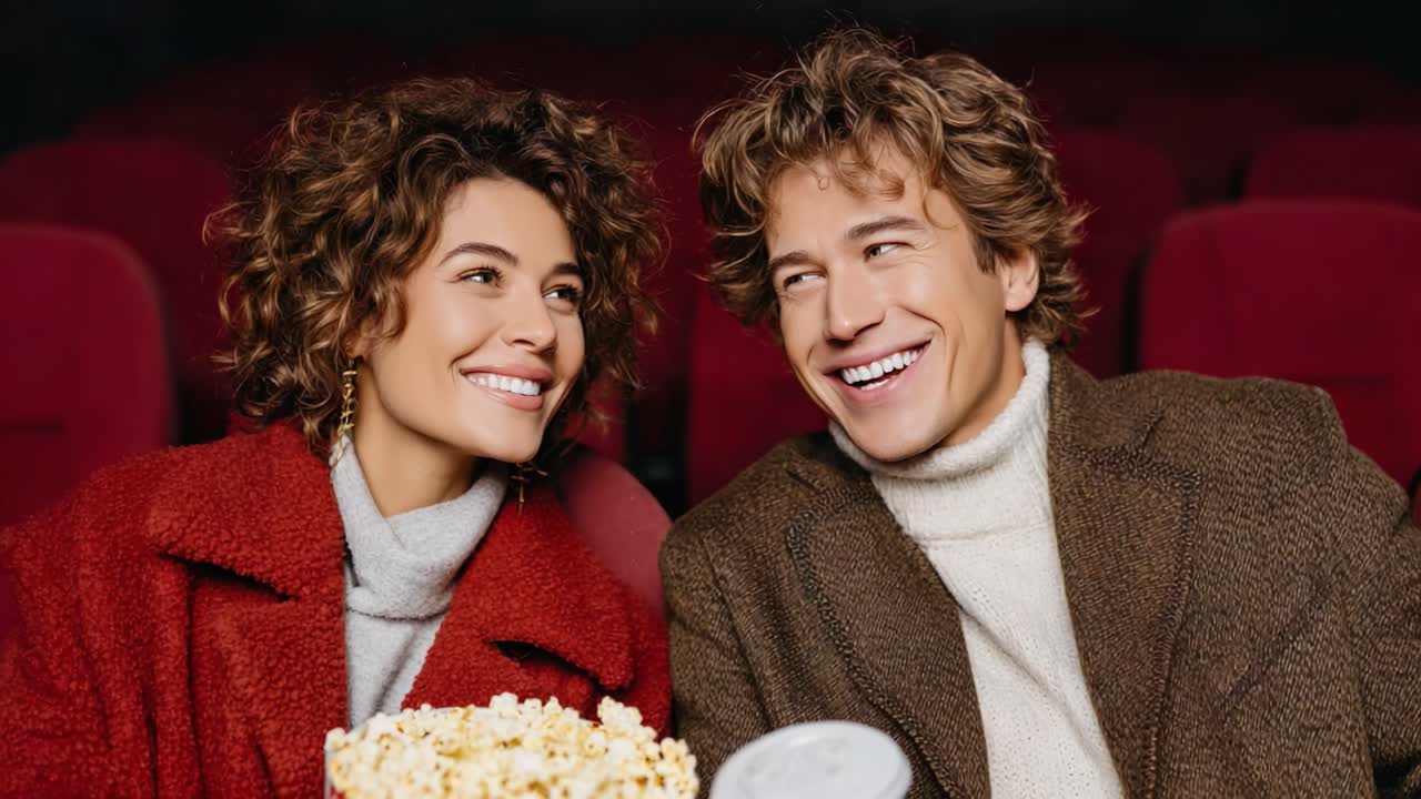 A Joyful Movie Night: Captivating Moments of Two Friends Sharing Laughter and Popcorn Together in a Cozy Cinema Setting