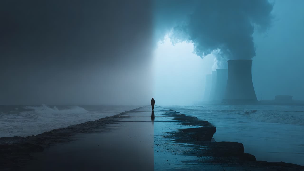 A lone figure walks along a fog-shrouded pathway leading towards distant cooling towers, creating a haunting juxtaposition between nature and industrial pollution