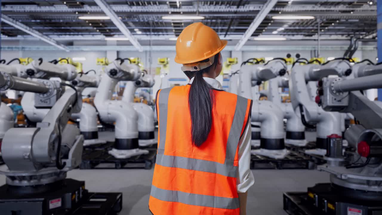 operaio industriale che osserva le braccia robotiche