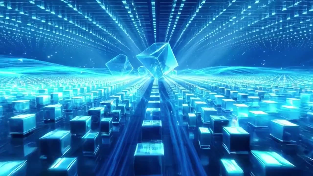 Abstract Digital Grid with Floating Glowing Cubes and Light Waves