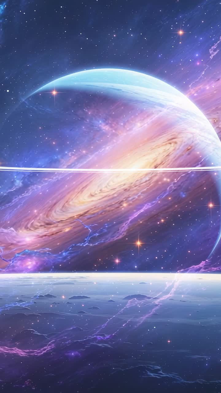 Vertical video: Starting showing ringed planet hovering over horizon with spiral galaxy and nebula