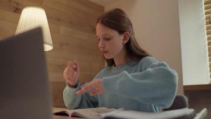 Una adolescente estudiando en el escritorio.