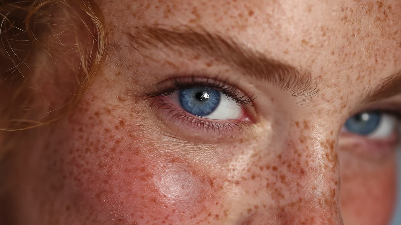 A Close-Up Portrait of a Freckled Young Woman with Striking Blue Eyes Capturing Natural Beauty and Unique Features in Soft Lighting