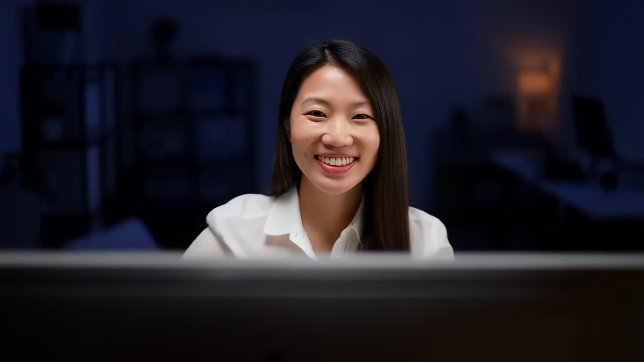 Asian Woman Working on Computer at Night