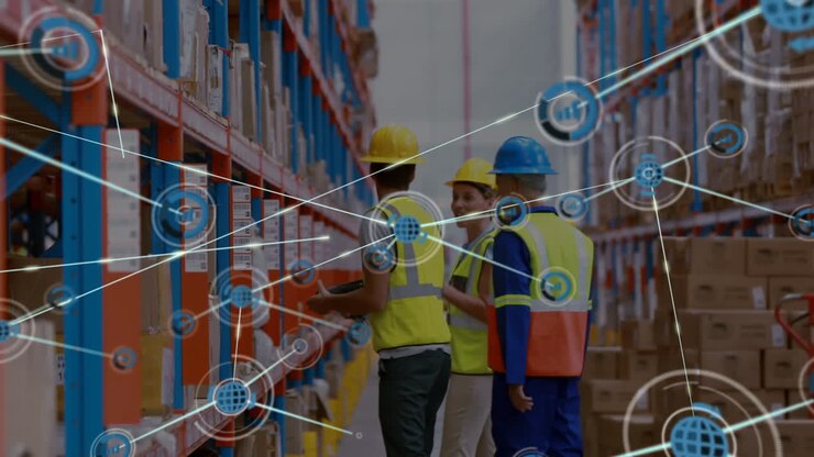 Animazione di una rete di connessioni con icone su uomini che lavorano in un magazzino