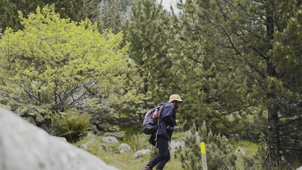 solo male trekker walking in Aig&uuml;estortes National Park located in the Catalan Pyrenees Spain