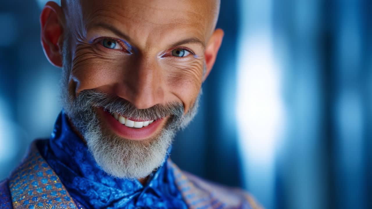 Um cavalheiro carismático irradiando confiança e charme em um traje azul vibrante contra um plano de fundo suave e desfocado de luz e tons coloridos