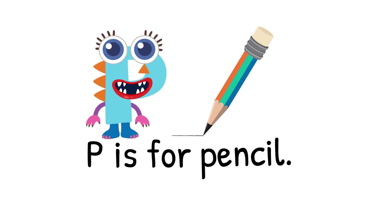 Colorful animation introducing the letter P with a playful monster and pencil illustration, emphasizing learning and fun