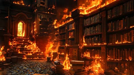 a library filled with lots of books on fire