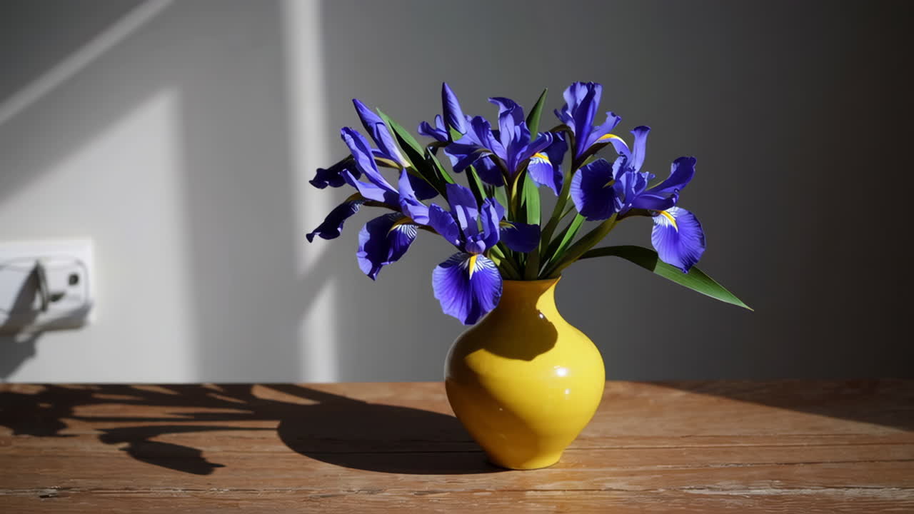 A bouquet of purple irises in a yellow vase on a wooden table with sunlight and shadows
