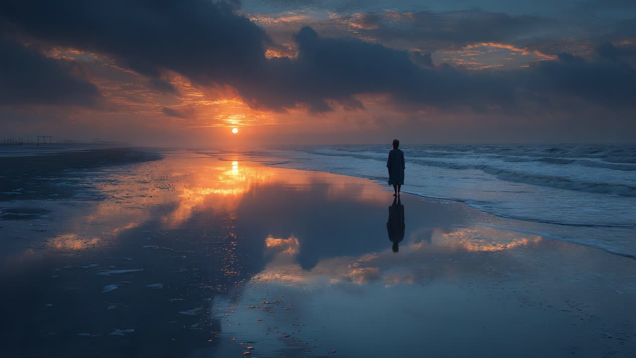 A Solitary Figure Strolls Along the Serene Beach at Sunset, Capturing the Tranquil Reflections of Clouds and Water as Day Transitions to Night