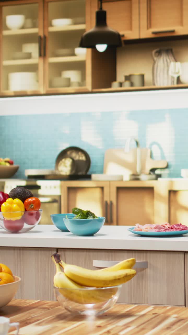 Vertical Video Rustic kitchen filled with fresh pizza ingredients on the countertop