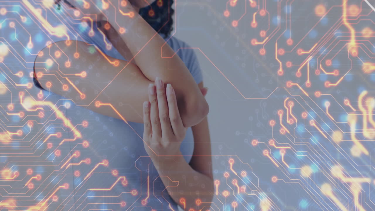 Holding elbow with circuit board pattern, person illustrating animation concept