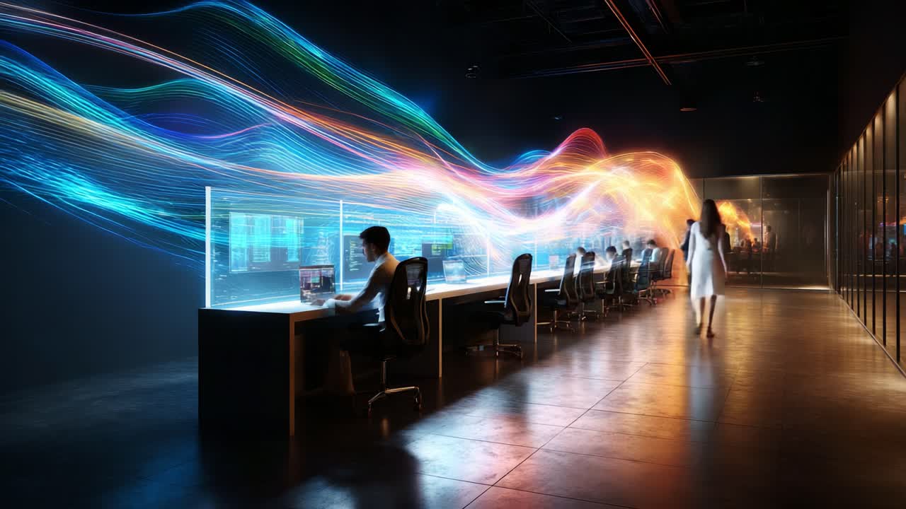 A futuristic workspace showcasing advanced technology and digital creativity, with vibrant light trails and engaged individuals in a high-tech environment of innovation and collaboration