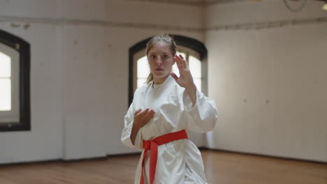 plano medio de una chica seria en kimono de pie en pose de defensa