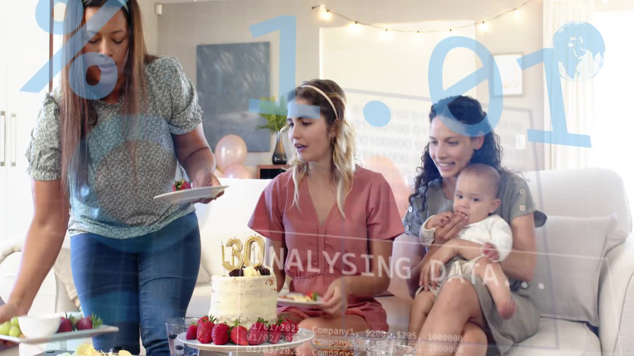 Three women, left woman reaching and serving cake for birthday, animated blue data overlaying scene