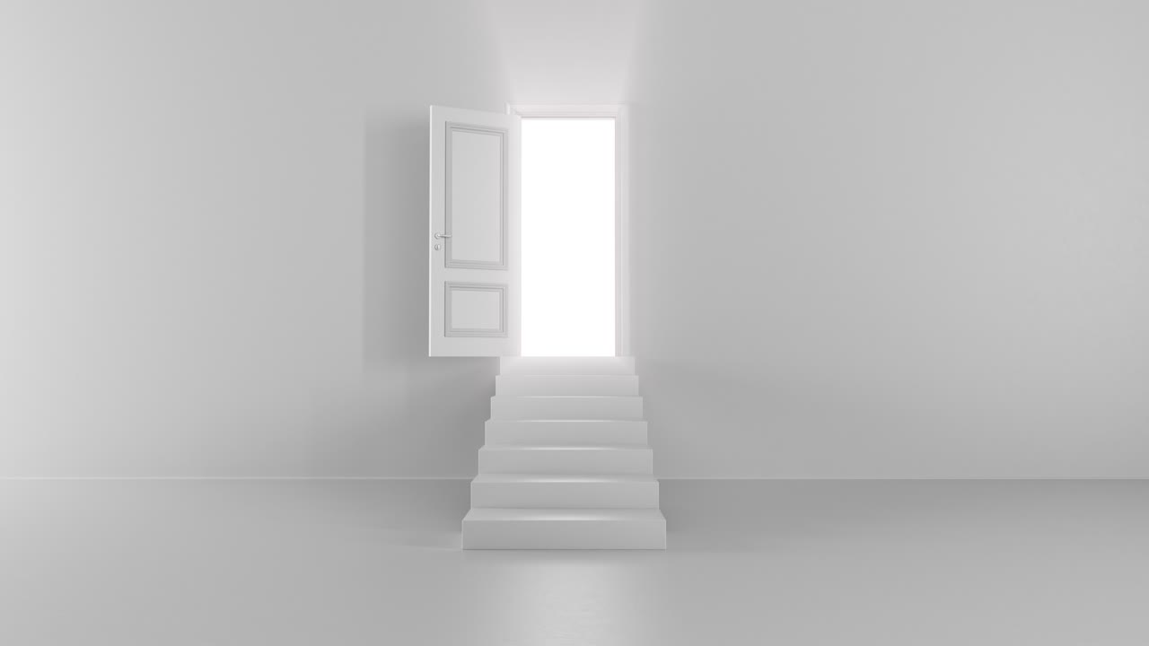 밝은 방에서 계단으로 열린 문의 빛