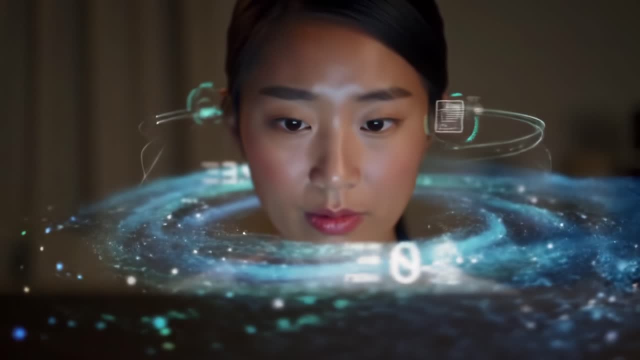 A Young Woman Engaged in a Futuristic Virtual Experience, Interacting with Digital Graphics and Holographic Elements in a Dark Room