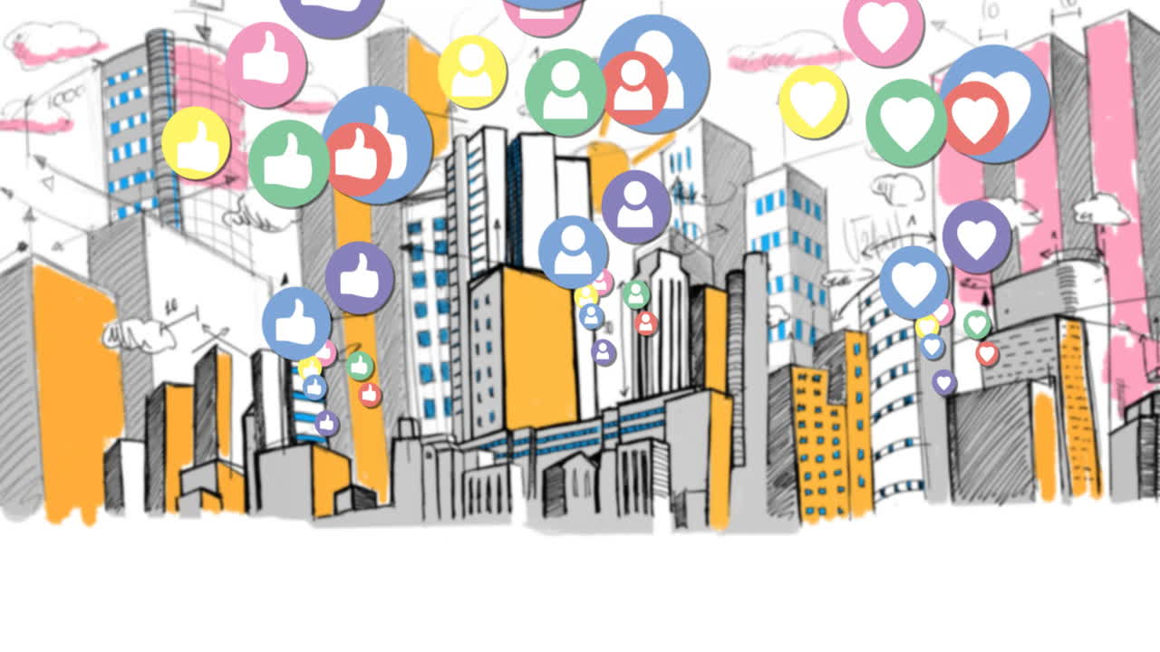 Animação de vários ícones coloridos de mídias sociais digitais voando sobre uma paisagem urbana.