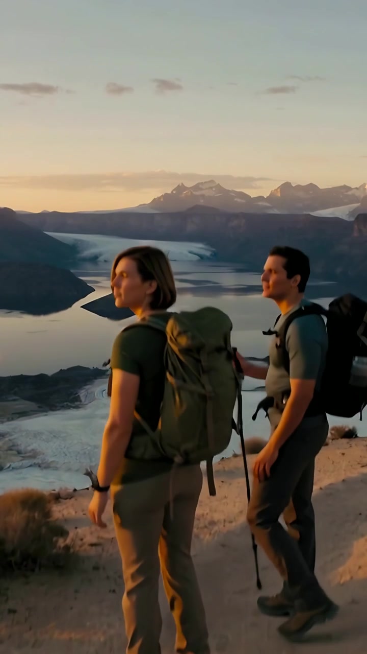 Video vertical: Pareja acercándose al borde, deteniéndose, observando un lago glaciar con un bastón y equipo de senderismo.