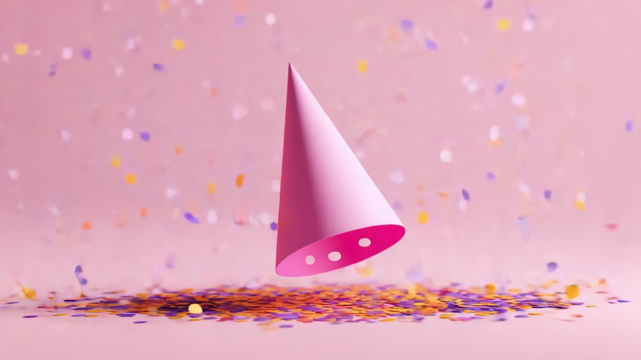A vibrant celebration with a floating pink party hat surrounded by colorful confetti, capturing the essence of joy, festivities, and cheerful moments in a playful atmosphere