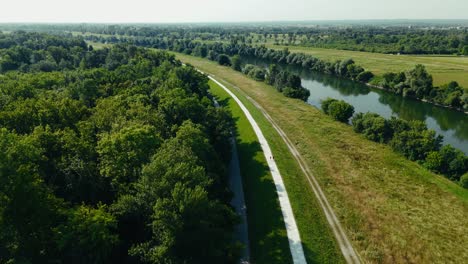 aerial view of walking trail beside trees and Sava River under summer sun