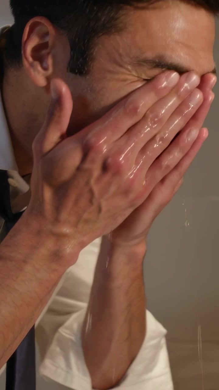 Vídeo vertical: Torneira a correr, homem com gravata solta lavando o rosto na pia do banheiro, refrescando-se