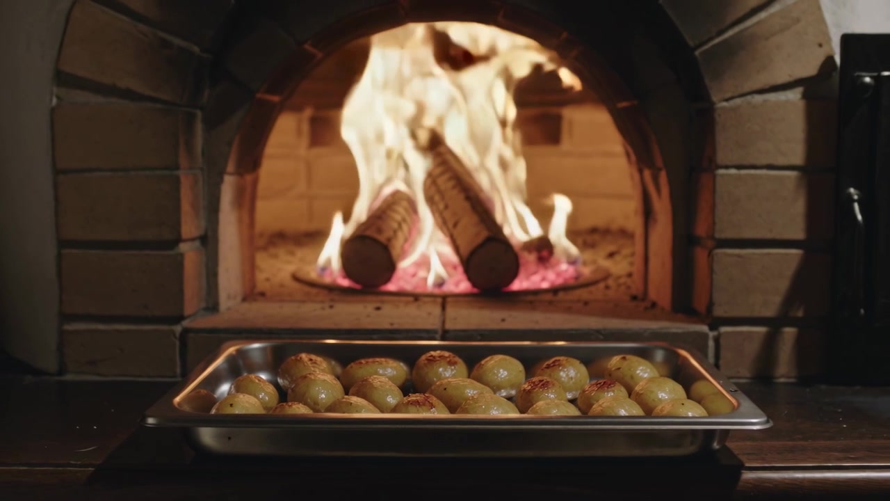 Asando pequeños panecillos en una bandeja de horno de acero en una cocina con horno de ladrillo, llamas calentando leños para cocinar