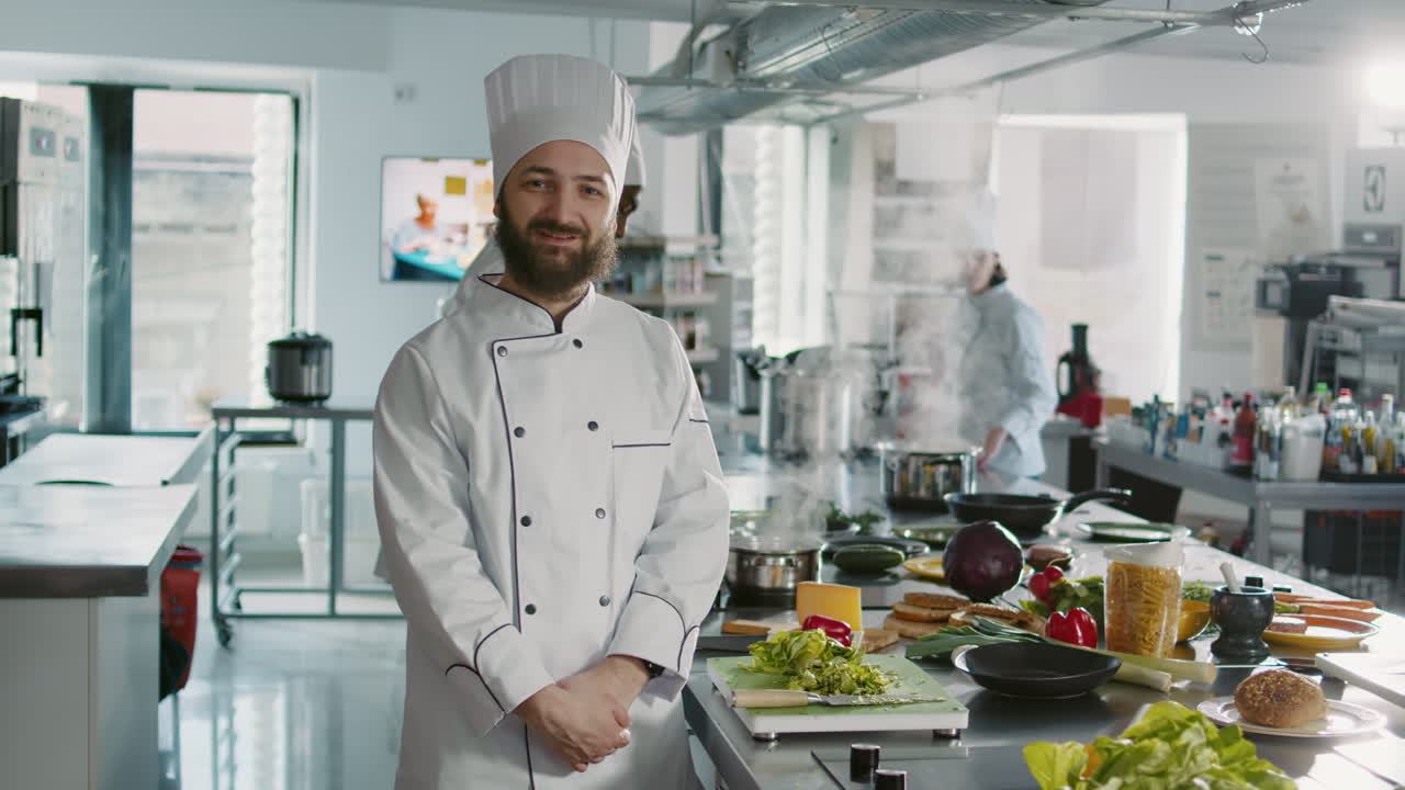 Portrait of male chef looking at camera in professional kitchen