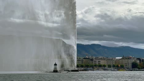 geneva fountain and old town with rainy clouds in the background