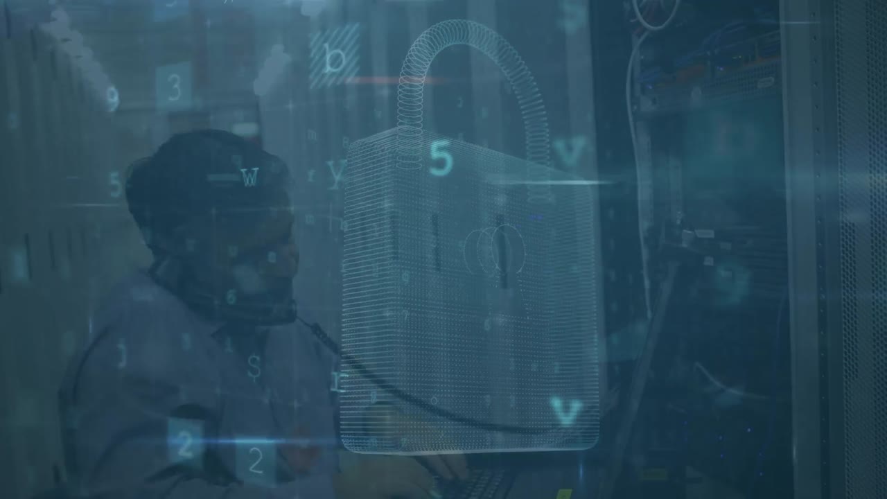 Animation of cyber attack text and data processing over caucasian male it technician by server