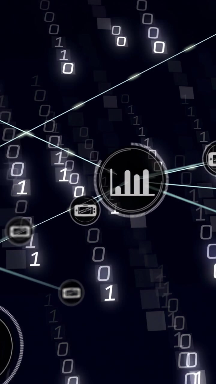 Vertical video: Central HUD node pulsing, extending links and spawning nodes to show tech bar-chart