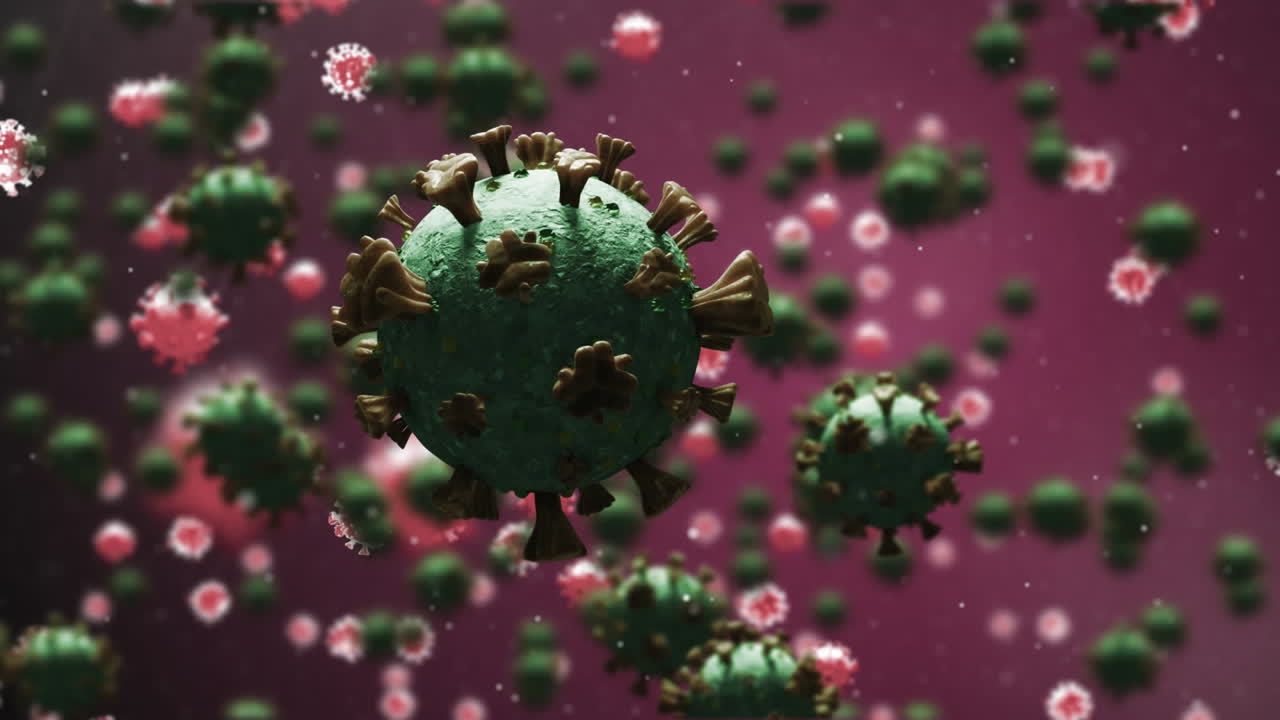 animación de las células del virus covid 19 sobre un fondo rojo