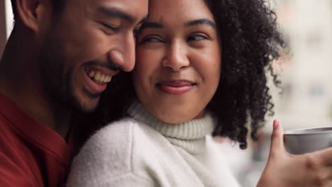 love, happy and couple hug with coffee for leisure