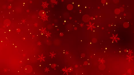 confeti rojo, copos de nieve y luces bokeh en el fondo rojo de navidad