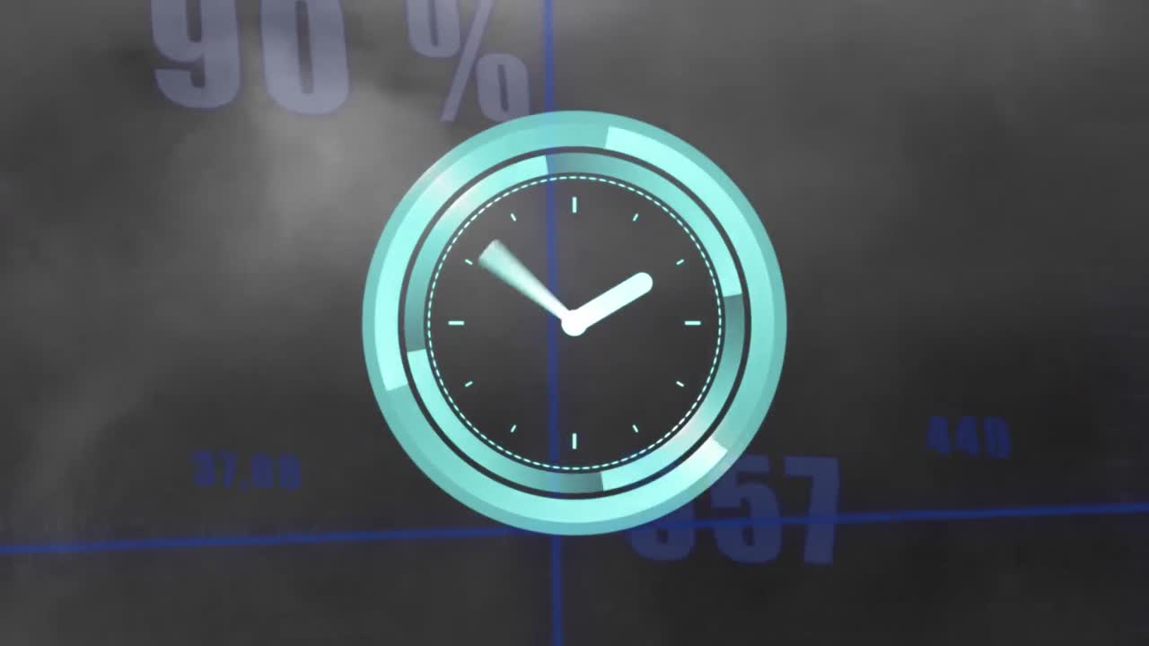 Animação de relógio de néon tique-taque sobre processamento de dados estatísticos em fundo cinza