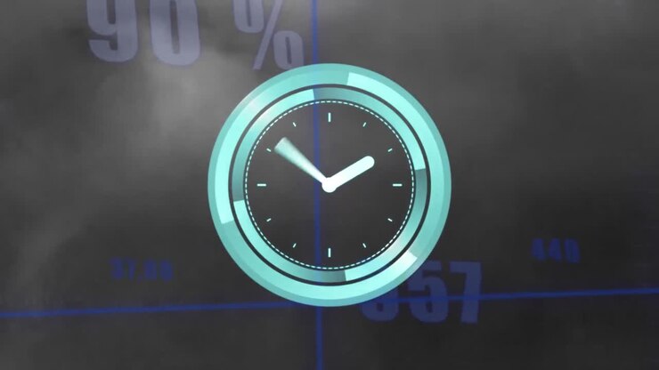 Animation of neon ticking clock over statistical data processing against grey background